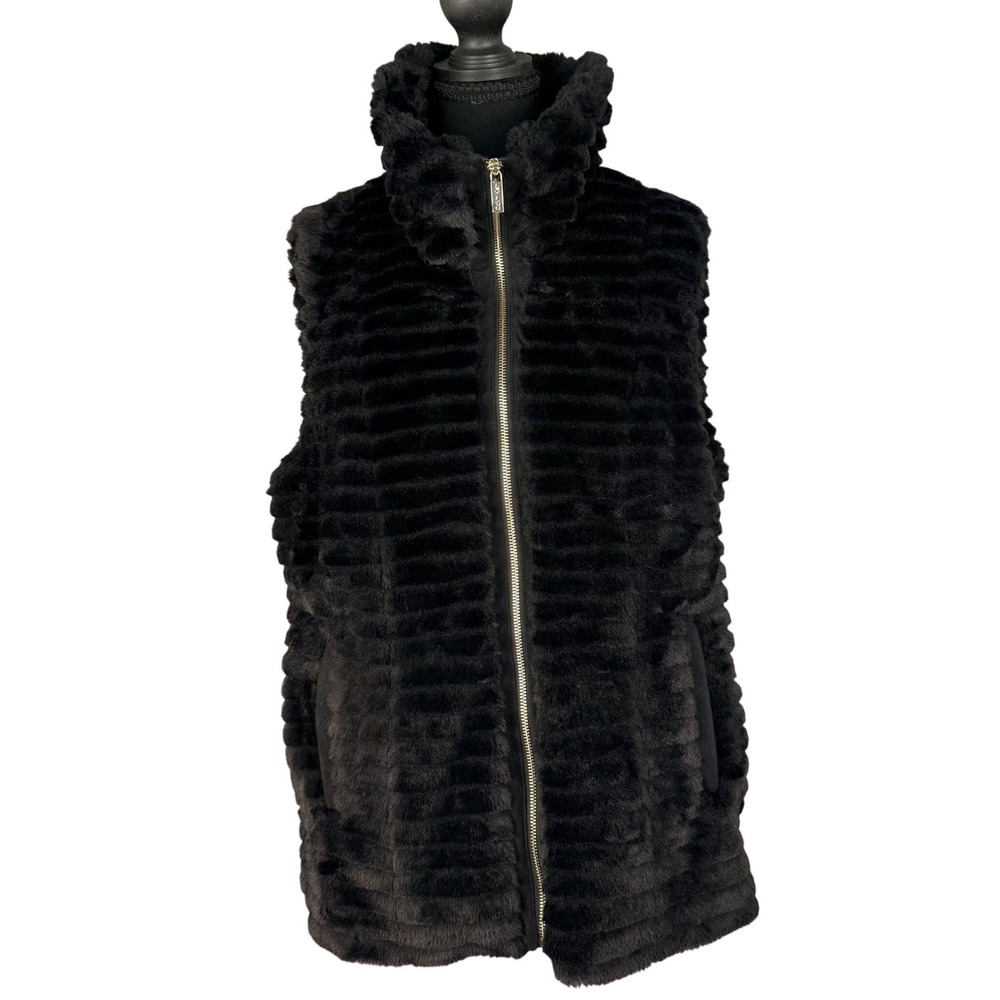 Calvin Klein Faux Fur Vest Black Ribbed Full Zip Sleeveless Jacket Women L Large